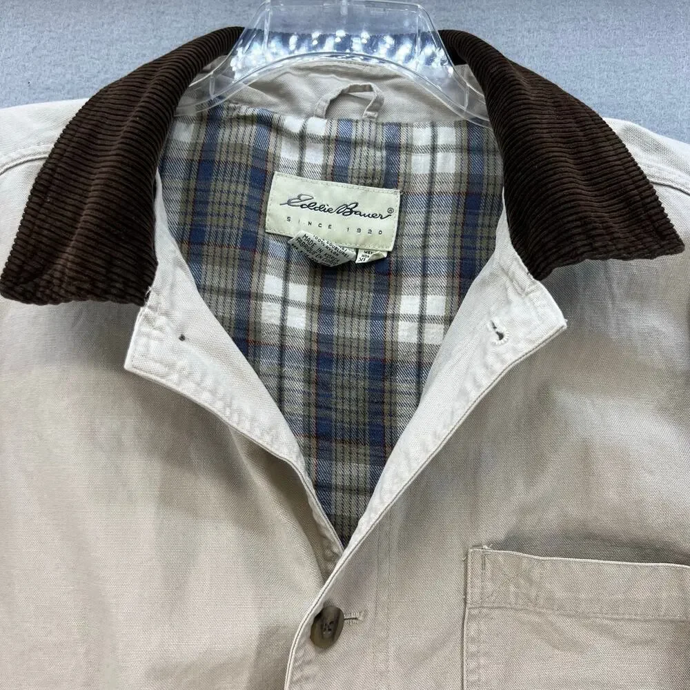 Eddie Bauer Jacket Men's XL Beige Canvas Flannel Lining Corduroy Collar VTG